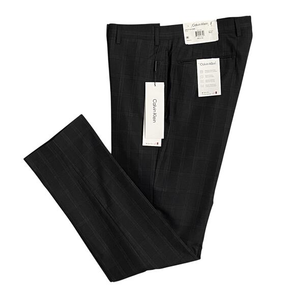 Calvin Klein Men's 36x34 Dress Pant Slim Fit Jerome Stretch Dark Grey Check NEW - Picture 1 of 12
